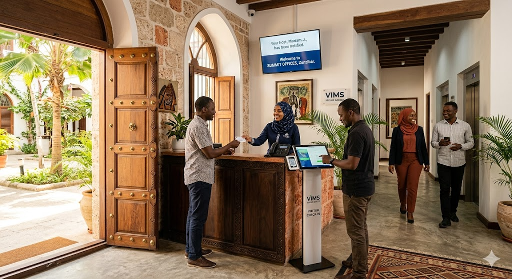 VIMS reception with digital kiosk, host notification display, and secretary issuing a visitor entry card
